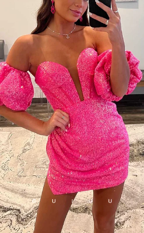 GH568 - Sexy Sheath Plunging Illusion Off-Shoulder Seqiuns Open Back Homecoming Dress