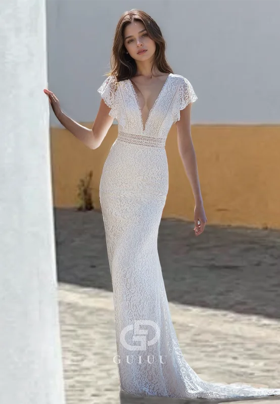 Plunging V-Neck Simple Lace Wedding Dress Sheath Open Back with Sweep Train