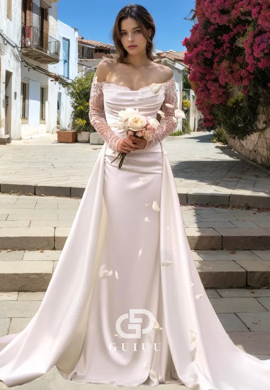 GW1017 - Sheath Off Shoulder Long Sleeves Pleated Ruched Satin Wedding Dress with Detachable Train