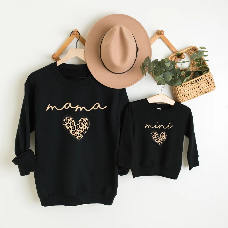 Mama & Mini Leopard Logo Heart Matching Black Sweatshirts