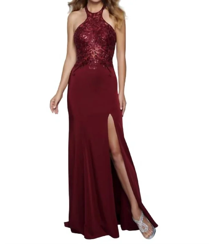 Embellish Halter Gown In Marsala