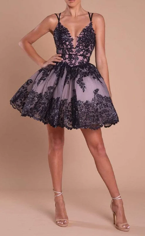 GH491 - A line Illusion V neck Appliques Short Homecoming Dress