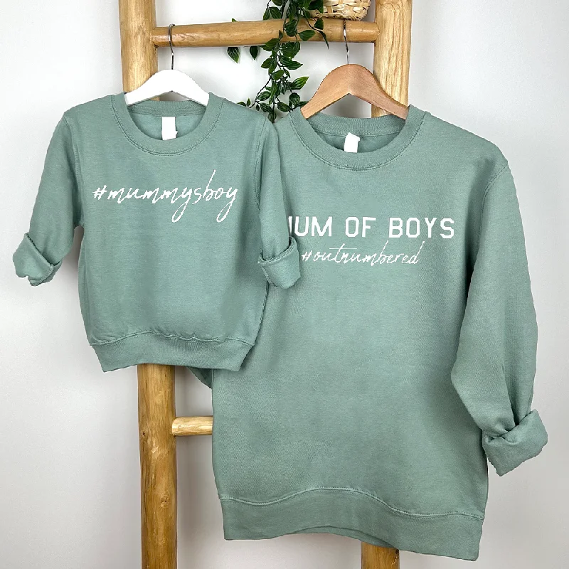 Mum Of Boys #Outnumbered Matching Dusty Green Sweatshirts