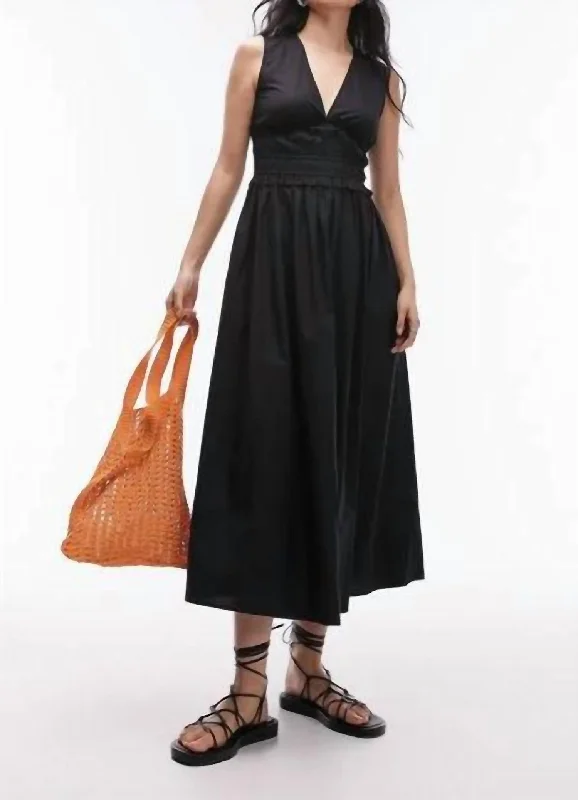 Flowy V Neck Poplin Midi Dress In Black