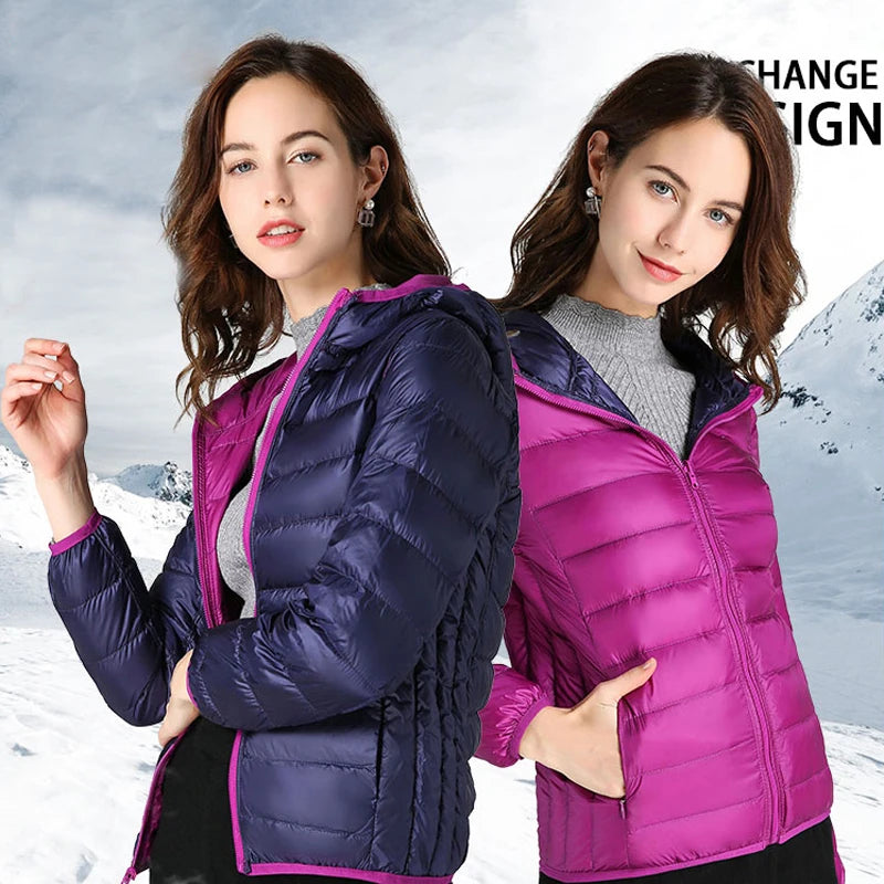 Women Ultra Light 90% Duck Down Jacket Hooded Jackets Long Sleeve Double