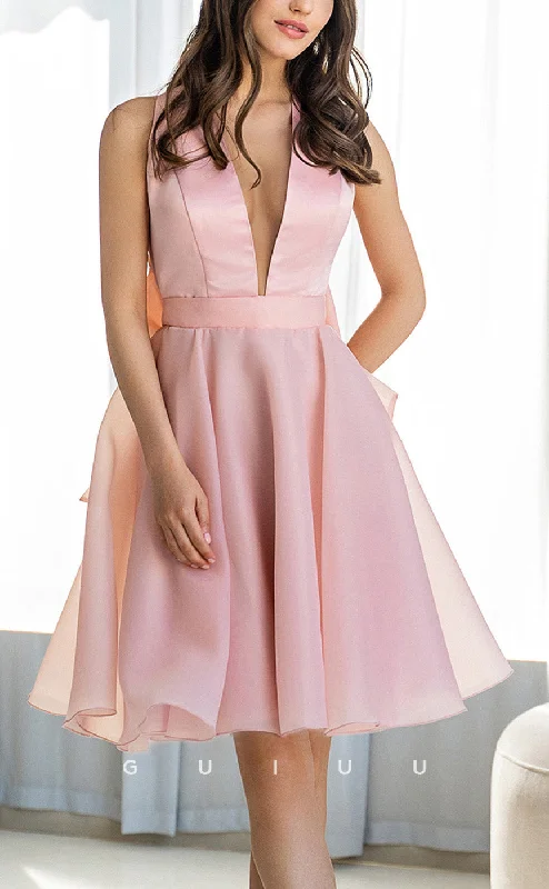 GH588 - Sexy Deep V-Neck A-Line Organza Bowknot Sleeveless Open Back Homecoming Dress