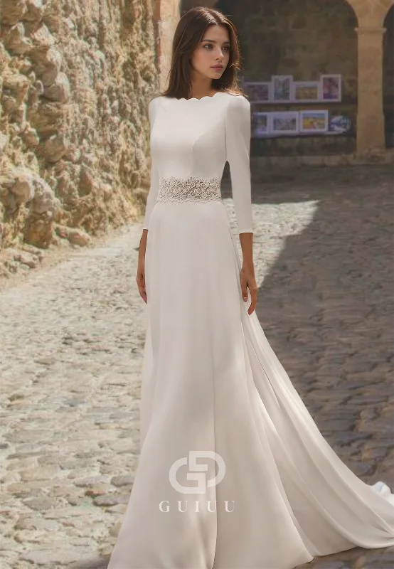 Backless A-Line Ivory Beaded Wedding Dress with Three Quarter Sleeves and Sweep Train