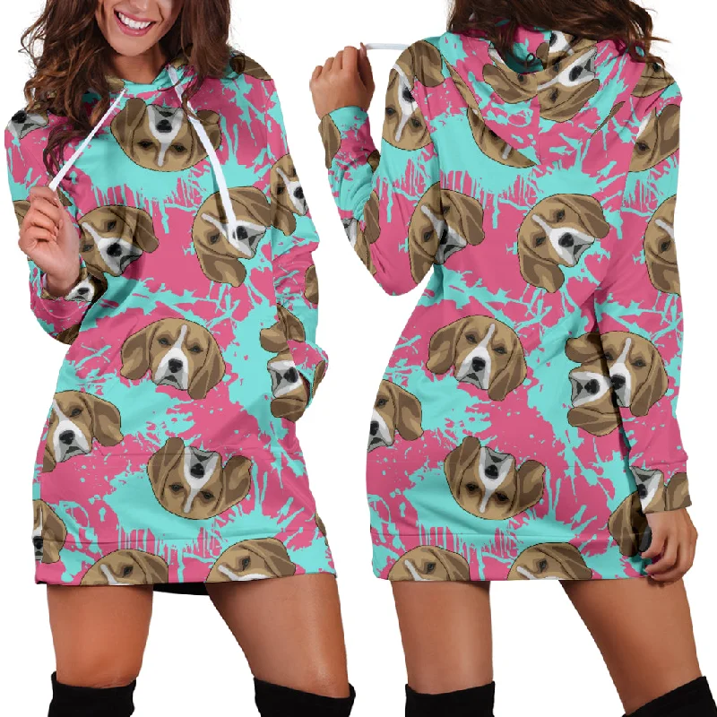 Beagle Muzzles Turquoise Paint Splashes Pink Pattern Women'S Hoodie Dress