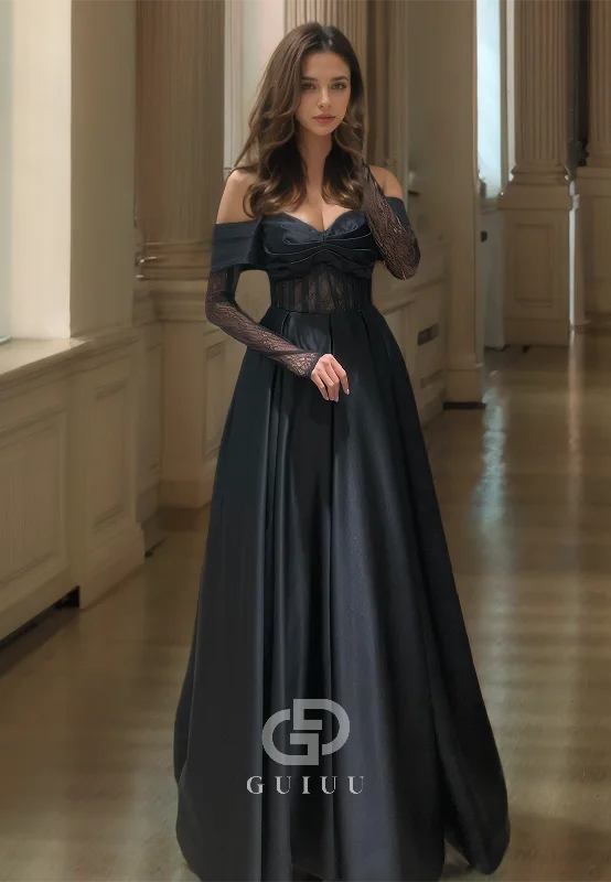 A Line Sweetheart Lace Long Sleeves Formal Evening Dress