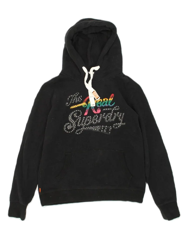 SUPERDRY Womens Vintage Graphic Hoodie Jumper UK 12 Medium Black Cotton