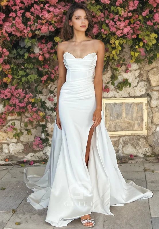 Sheath Strapless Sleeveless Pleated Long Satin Wedding Dress with High Side Slit and Train