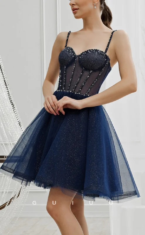 GH585 - Sexy A-Line Spaghetti Straps Sheer Tulle Sparkle Swetheart Homecoming Dress