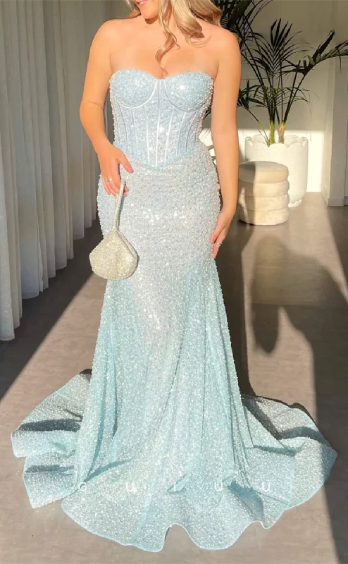 G3239 - Elegant Sheath Strapless Beaded Baby Blue Long Formal Prom Dresses