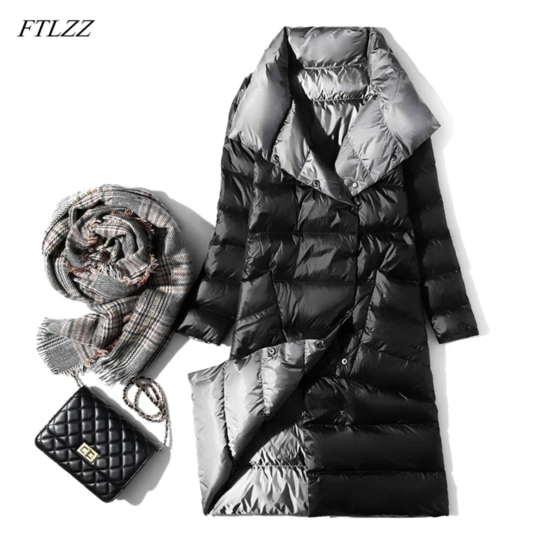 Long Jacket Women Winter Double Sided Slim White Duck Down Coat Single Breasted