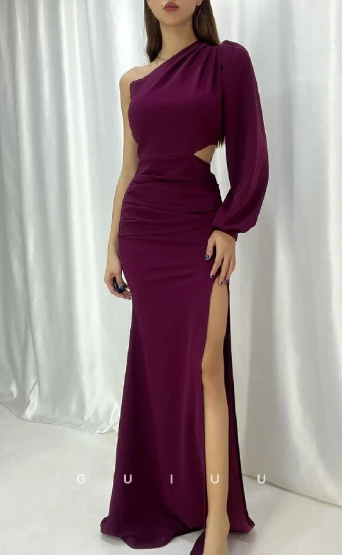 G3556 - Classic & Timeless Sheath One Shoulder Long Bishop Sleeves Cut Outs High Side Slit Floor-Length Formal Dress