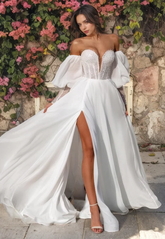 A-Line Strapless Detachable Long Lantern Sleeves Beaded Wedding Dress with High Side Slit and Train