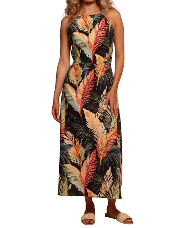 Heidi High Neck Dress In Feathered Fronds