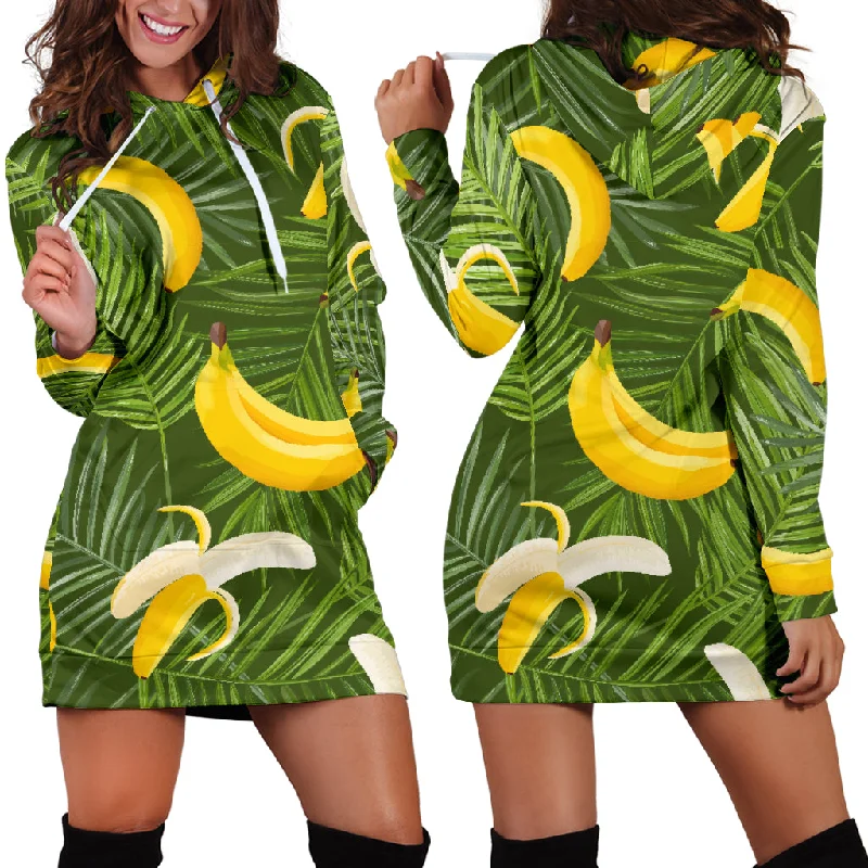 Banana Palm Leaves Pattern Women'S Hoodie Dress