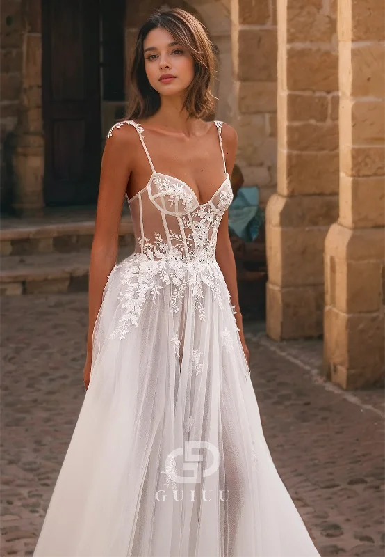 GW843 -  A-Line Straplesss Straps Appliques Lace Beach Boho Wedding Dress with Train