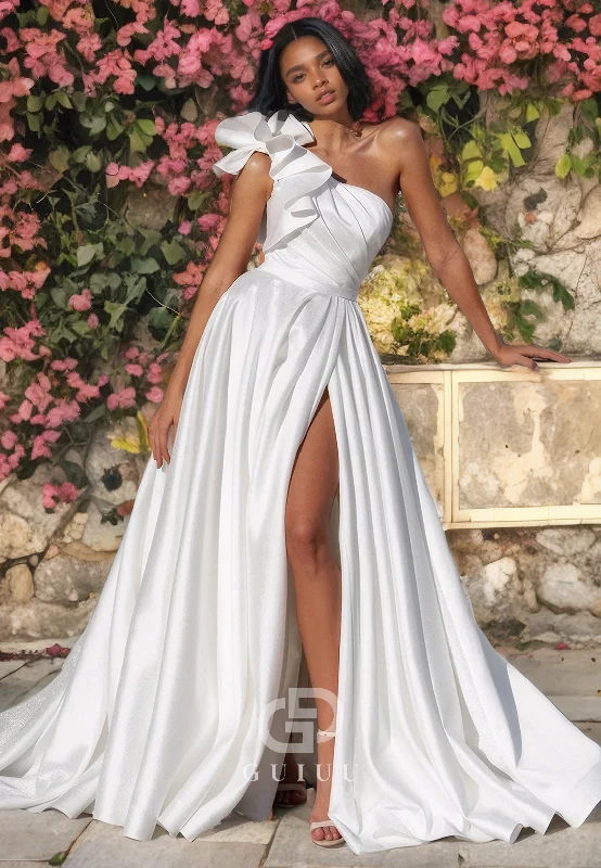 A-Line One Shoulder Sleeveless Pleated Ruffles Long Wedding Dress with High Side Slit and Train