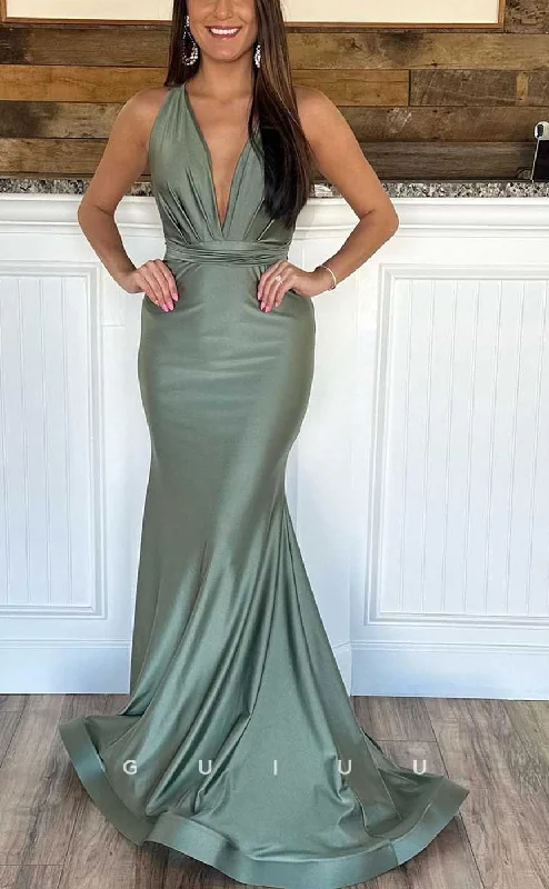 G4086 - Sexy & Hot Trumpet V-Neck Halter Draped Evening Gown Prom Dress with Sweep Train