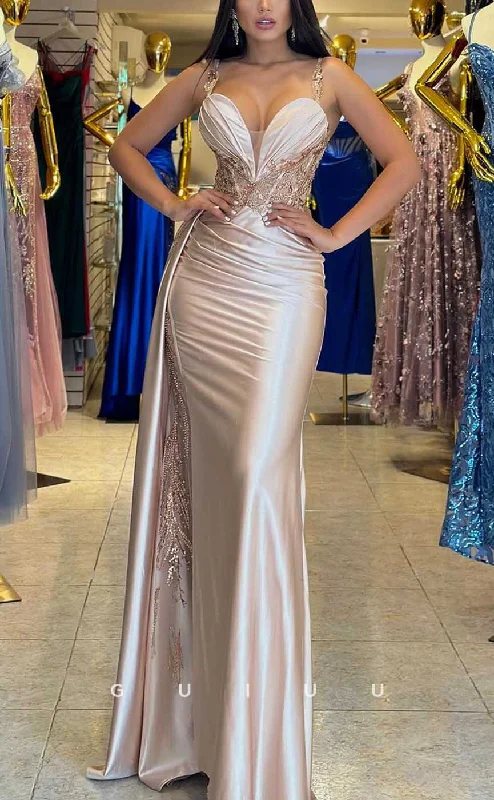 G4349 - Chic & Modern Sheath V-Neck Draped and Floral Beaded Evening Party Prom Dress with Overlay