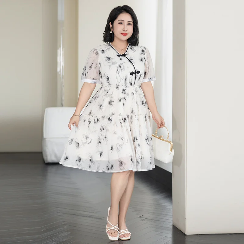 (4XL-8XL) Plus Size Babydoll Cheongsam White Dress (EXTRA BIG SIZE)