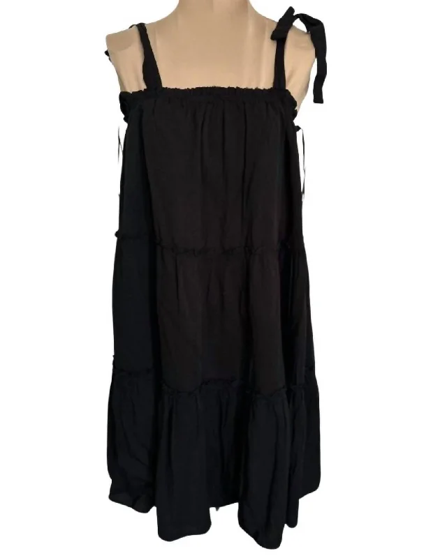 Shoulder Ties Tiered Dress In Black