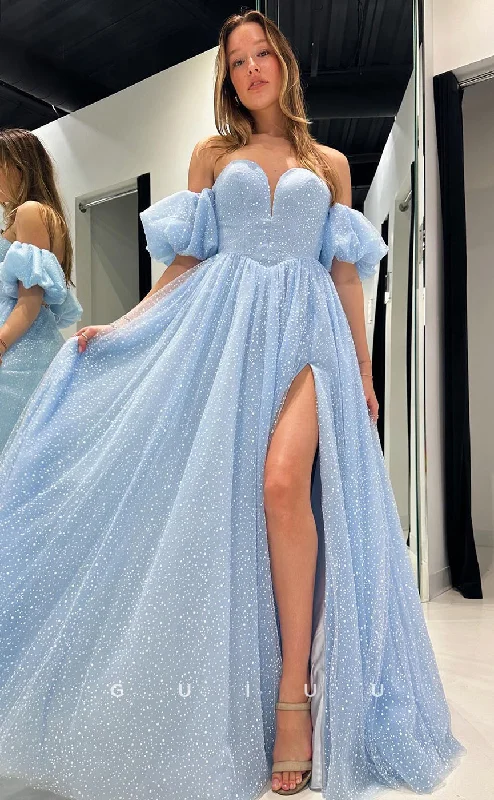 G4019 - Chic & Modern Off Shoulder Strapless Baby Blue Tulle Prom Party Dress with High Side Slit