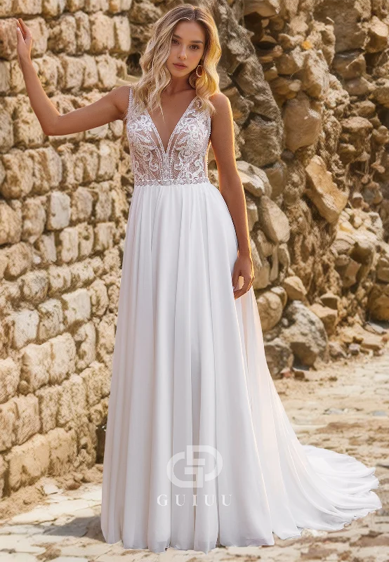 A-Line V Neck Sleeveless Straps Appliques Wedding Dress with Train