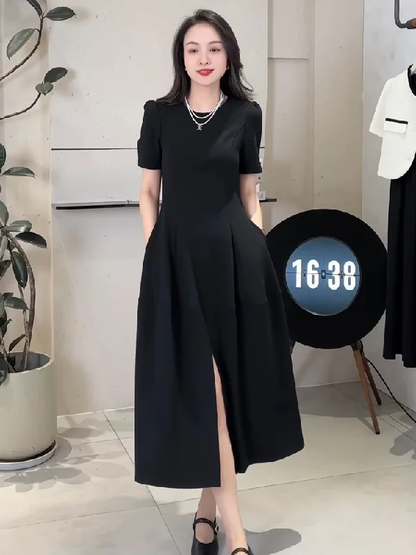 (L-5XL) Plus Size Korean Black Office Pleat Slit Midi Dress