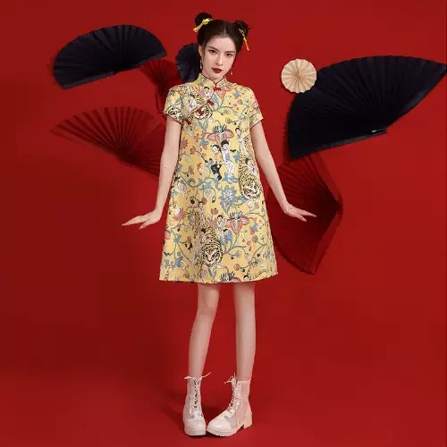 Plus Size Yellow Chinese Print Qipao Dress