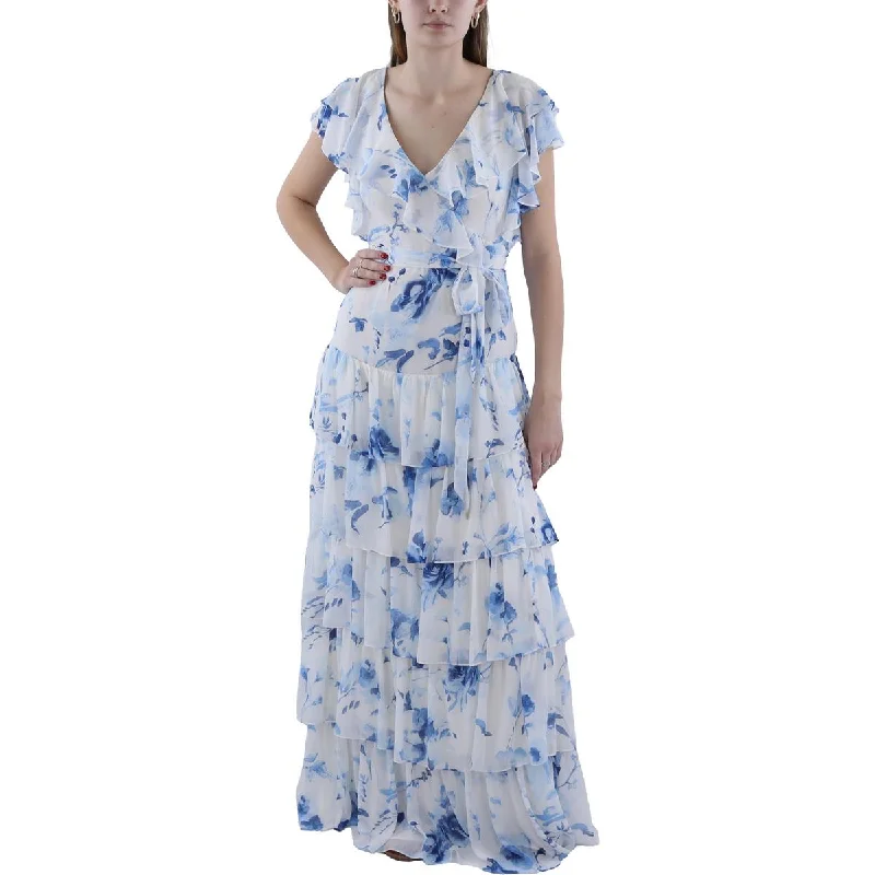 Womens Full Length Floral Print Evening Dress