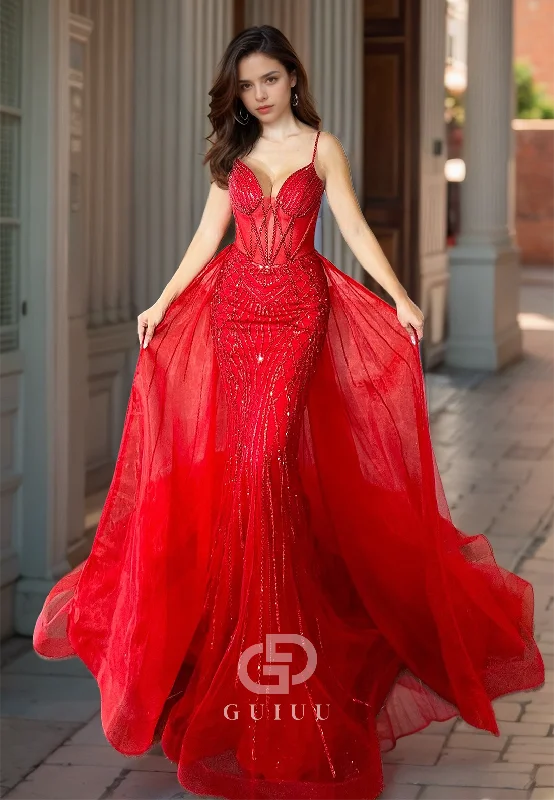 Spaghetti Straps V Neck Beads Red Mermaid Prom Party Dress