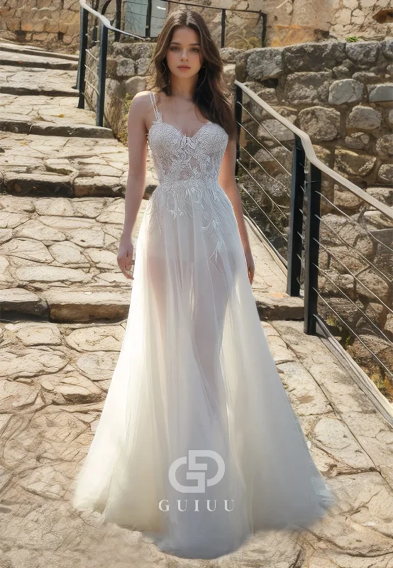 Tulle A-Line Sleeveless Beaded Wedding Dress with Lace Appliques and Spaghetti Straps