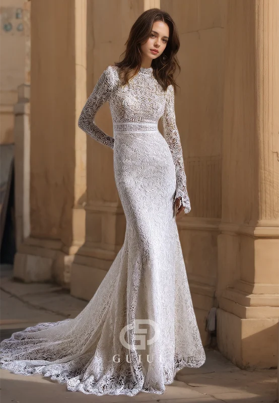 Mermaid High Neck Long Backless Lace Wedding Dress with Long Lace Sleeves and Lace Appliques