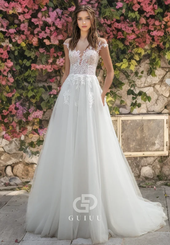 A-Line Strapless Cap Sleeves Lace Appliques Tulle Wedding Dress with Train