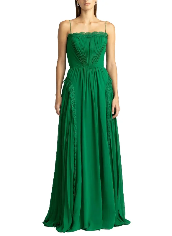 Pleated Tulle Gown With Ruffle Trims In Green