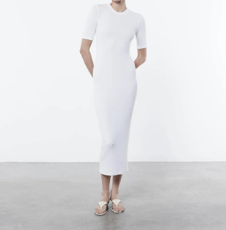 Silk Rib Half Sleeve Midi Dress In White